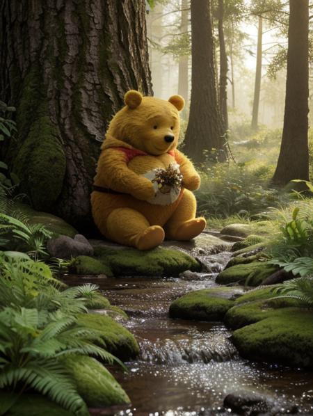 Watercolor painting HDR photo of Hyperrealistic art masterpiece of Winnie The Pooh playng with bees, in a forest clearing, early evening, The Pooh has highly textured fur <lora:xl_more_art-full_v1:0.25> . Extremely high-resolution details, photographic, realism pushed to extreme, fine texture, incredibly lifelike. High dynamic range, vivid, rich details, clear shadows and highlights, realistic, intense, enhanced contrast, highly detailed, 3D render, ((hyper realism)), sharp focus, cinematic lighting, photo realistic, hyper realistic. 4k, natural, global illumination, caustics, ratytracing, Unreal Engine, highly detailed, trending on Artstation . Vibrant, beautiful, painterly, detailed, textural, artistic