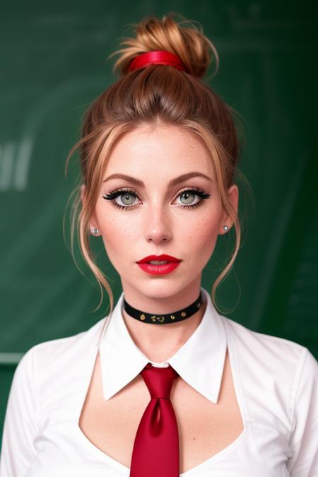 photo of a woman, diorabaird:0.99, ((reddish blonde hair, hair up, hair in bun):1.2),((choker, necktie, white shirt):1.2),  ((closeup, portrait)),((chalkboard, classroom):1.3),((red lipstick,heavy eyeliner, heavy eye shadow, blush):1.2),  ((best quality, masterpiece, extreme details, high resolution):1.2),((detailed eyes, beautiful eyes, detailed face, beautiful face):1.2),