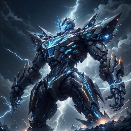 <lora:Lightning:0.7>Lightning, a towering mecha, its metallic surface gleaming under the darkened sky as bolts of  illuminate the scene