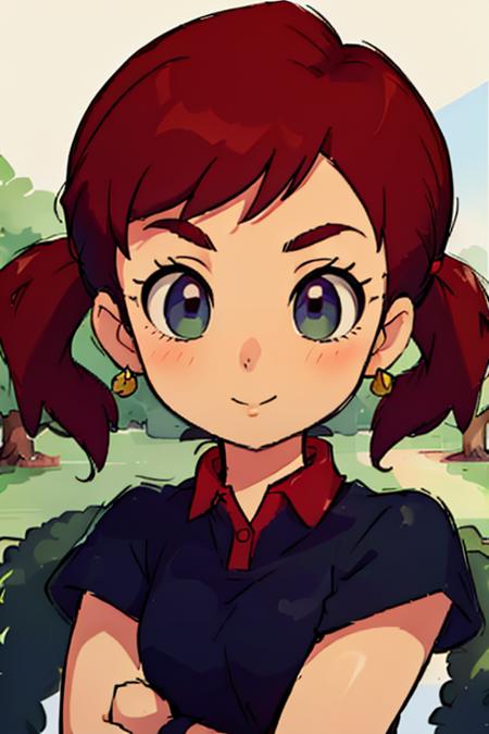 <lora:Plum V21:0.75> plum (mario golf 64), 1girl, solo, brown hair, pigtails, green eyes, smile, dark blue shirt, red collar, red cuffs, 1white_glove, black shorts, bare legs, socks, red and white sneakers, hand on waist, highest quality, highest quality visuals, highest details,, fcPortrait_Force_Portrait, portrait, close up, looking at viewer,  portrait,  close up,