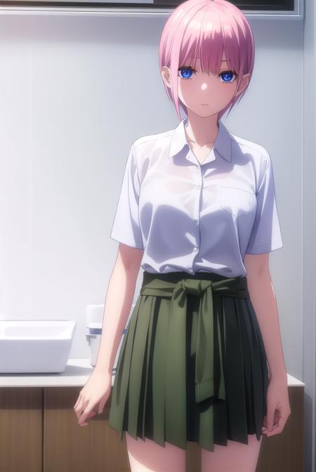 ichikanakano, <lyco:ichikanakanospecial-lyco-nochekaiser:1>, 
ichika nakano, short hair, bangs, blue eyes, hair between eyes, pink hair,
BREAK skirt, shirt, school uniform, white shirt, short sleeves, pleated skirt, shoes, socks, collared shirt, black footwear, sweater, white socks, (green skirt:1.2), loafers, clothes around waist,
BREAK indoors, classroom,
BREAK looking at viewer, (cowboy shot:1.5),
BREAK <lyco:GoodHands-beta2:1>, (masterpiece:1.2), best quality, high resolution, unity 8k wallpaper, (illustration:0.8), (beautiful detailed eyes:1.6), extremely detailed face, perfect lighting, extremely detailed CG, (perfect hands, perfect anatomy),