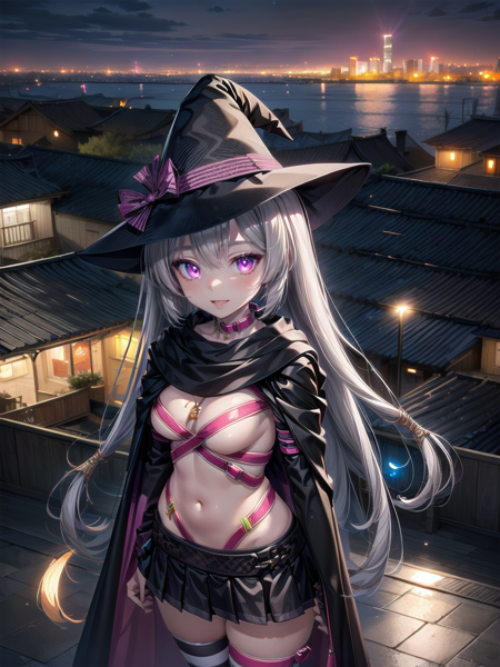 long hair,hat,witch hat,purple eyes,cape,1girl,blush,solo,looking at viewer,skirt,thighhighs,large breasts,ribbon,navel,striped,belt,grey hair,detached sleeves,bow,cleavage,white hair,collar,hat bow,single thighhigh,black skirt,pleated skirt,black headwear,very long hair,miniskirt,beltbra,jewelry,black capehair between eyes,necklace,boots,City Background