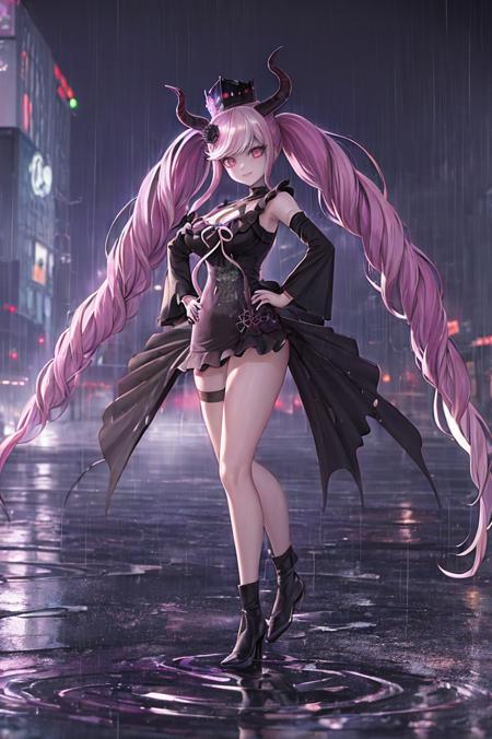 (masterpiece:1.4),(ultra-detailed:1.3), (perfect-composition:1.2), 8K, (photographical skin:1.2), (shiny skin:1.2), BREAK 1girl, shinigami chan, solo, smile, standing with hands on hips and legs apart, BREAK city, neon lights, darkness, looking_at_viewernavel, full body, rain, mist, water, puddle, splashing, drop shadow,rain, reflection, <lora:Shinigami_Chan_v2_Lora:1>