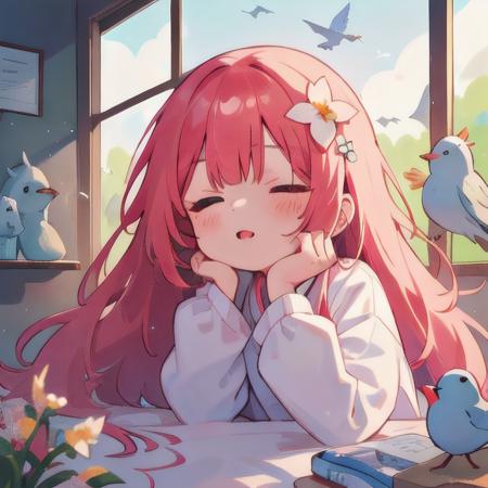 1girl,<lora:SleePeace3_LECO:3>,sleepeace,laboratory,outdoors,flowers,hair flower,(birds:1.2),very long hair,very long sleeves,window,sun,closeup_face, best quality,highres