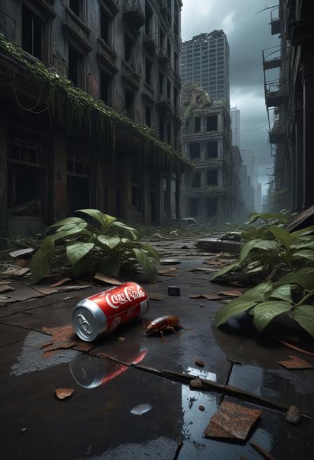 A haunting post-apocalyptic cityscape stretches into the distance—crumbling skyscrapers, shattered windows, and rusting cars overtaken by creeping vines and dense vegetation. The air is heavy with decay, the once-thriving metropolis now a skeletal ruin, its streets cracked and littered with debris. Overhead, a dark, storm-laden sky looms, casting a somber, eerie glow over the desolate scene.
Amid the wreckage, near the viewer, ((a single pristine Coke can)) sits untouched on the cracked pavement—its vibrant red aluminum gleaming unnaturally against the ruins. Unopened, unscathed, and eerily out of place, it stands as a stark contrast to the devastation, a relic of a world long gone. Near the coke can, a realistic small cockroach scuttles across the ground, its small glossy exoskeleton reflecting the dim light, a lone survivor in this forgotten world.
Hyper-detailed, cinematic lighting, ultra-realistic textures, moody and atmospheric composition. coke can.