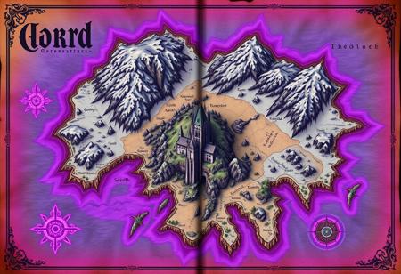 fantasy world map, one continent, snowy north, sandy south, forested east, middle castle. in the style of an old map, in an old book, surrounded by purple water, glowing edges, demonic. fjords.