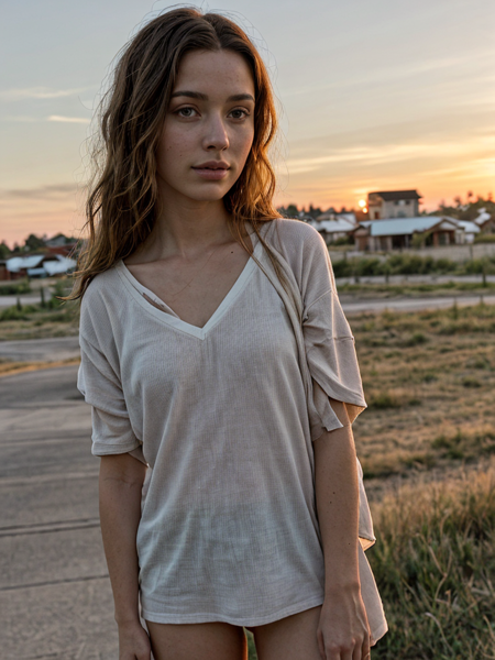 natural beauty, dressed,  photorealistic, sunset in boring suburbs