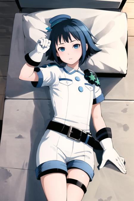 masterpiece, best quality, ultra-detailed, 1girl, white shirt, uniform, 3 blue buttons, police hat,  white gloves, black belt, lying, white shorts