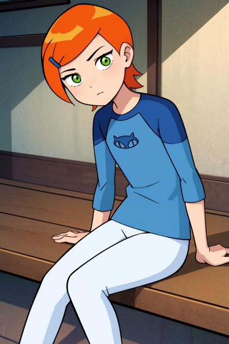  gwenclassic,1girl,solo,orange hair,short hair,hairclip,green eyes,blue shirt,raglan sleeves,white pants,looking at viewer