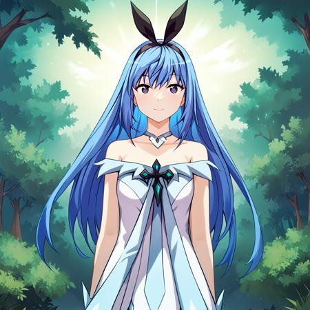 Ram Hwajeong, blue hair, black eyes, long hair,  dress, bare shoulders, hairband, 