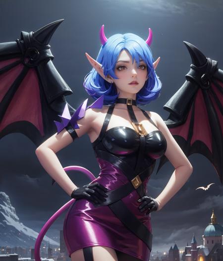 ((big breasts)), wings, 1girl, looking at viewer, short hair, gloves, dress, medium breasts, blue hair, horns, solo focus, pointy ears, black gloves, hand on hip, thigh strap, instrument, demon wings, [purple hair: blue hair:0.2],  <lora:veera-06:0.9>, (castle), gloom, darkness, mountains, ghosts, death, purple background, ((glow)), BREAK bat, purple lips, (masterpiece,best quality:1.5)