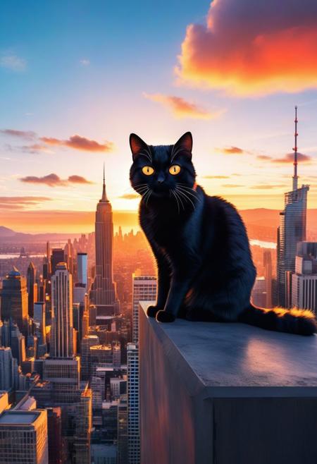 A captivating illustration masterpiece of a ((cute cat)) with (((huge))) ((oversized)) ((manga-style eyes)), feline is gazing very longingly into the camera lens. The cat's fluffy fur contrasts with its sleek black attire, and it sits on a transparent cloud, as if levitating above the ground. The background showcases a vibrant cityscape with towering skyscrapers and a dramatic sunset, creating a delightful mix of urban and whimsical elements, from above