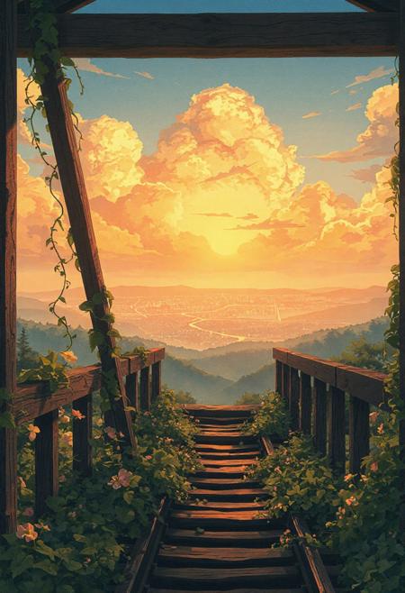 Vertical 9:16 cinematic anime scene, viewpoint from an old abandoned railway bridge, lush vines and flowers growing through the broken wood, distant glowing cityscape visible beyond a misty valley, massive golden sunset clouds above, hyper-detailed soft watercolor anime style, pastel tones (warm oranges, faded greens, soft blues), emotional dreamy atmosphere, gentle breeze moving the vines.
