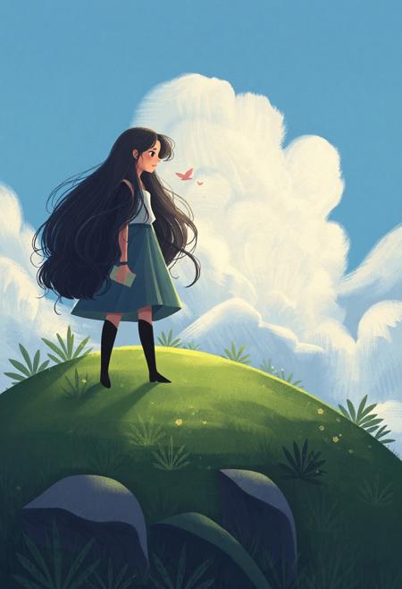 ChildBook,

a woman standing on top of a lush green hillside next to a white wolf under a cloudy blue sky