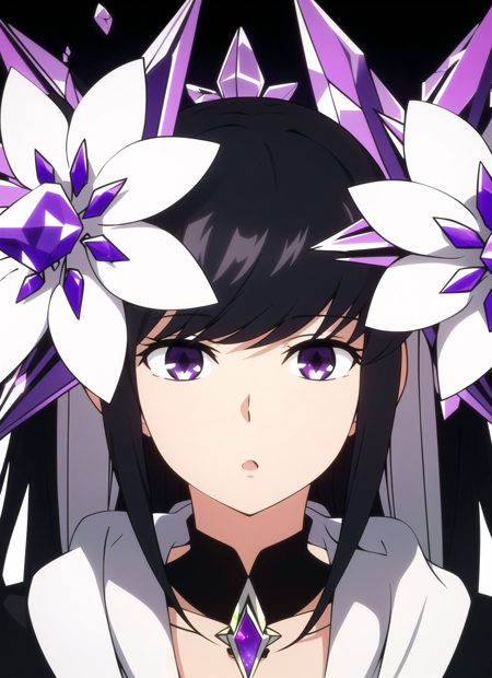 mashle <lora:mashle_offset:1>, masterpiece, best quality,  1girl, purple eyes, long hair, black hair, flower,  hair flower, hair ornament, close-up, :o, bangs,  crystal, flowers made of crystal, abstract background, surreal, blurry