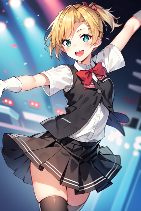 maikazeKC, 1girl, solo,short hair,skirt, shirt, gloves, bow, school uniform, short sleeves, white gloves, bowtie, vest, red bow, kneehighs, short ponytail, black vest, 