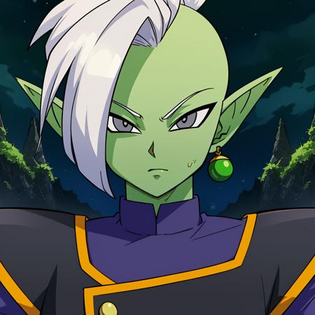 Best_QualityPos, RAW photo, intricate details, best quality, 8k uhd, soft lighting, 1boy, solo, colored skin, green skin, mohawk, white hair, grey eyes, pointy ears, single earring, green earring  <lora:Zamasu:0.8>