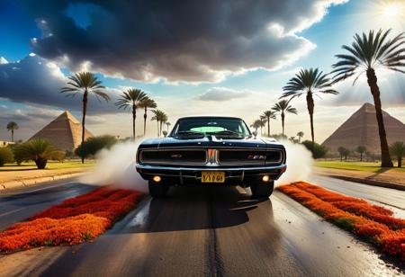 cinematic photo of dodge Charger 1968, magnificent three pyramids of Giza appear clearly, charm, highly detailed car, Professional lighting, full of life, Lively and energetic, 8K, rays of sun flow beyond heavy clouds, HDR, Fast & Furious movie, motion blur, moving tires, Cinematic Shot, Cinematic Lighting, amazing world, pure perfection, Need For Speed, wide angle exterior background, drifting, wet asphalt road, autumn leaves, grass, flowers, jasmine flowers, palm trees, nebula horizon.