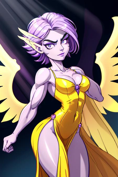 A  muscular Harpy woman, noble facial features with flawless skin, almond-shaped purple eyes with thin eyebrows, a cute button nose and soft cheekbones, pursed lips and defined jawline, with glowing iris and sarcastic expression, wearing open yellow gown outfit, depth of field, god rays, vivid colors, cinematic hard lighting, smooth shadows