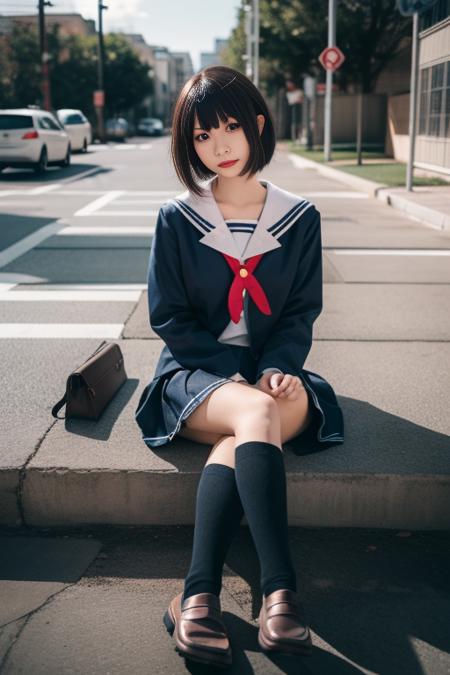 ultra-detailed,highly detailed,best quality,masterpiece,illustration,
kato megumi,1girl, school uniform, katou megumi, solo, cosplay, 
short hair, bob cut, jacket, blunt bangs,
serafuku,socks, loafers,sailor dress,neck ribbon, long sleeves,
looking at viewer,full body, 
<lora:kato megumi_uni_v1_02:0.7>