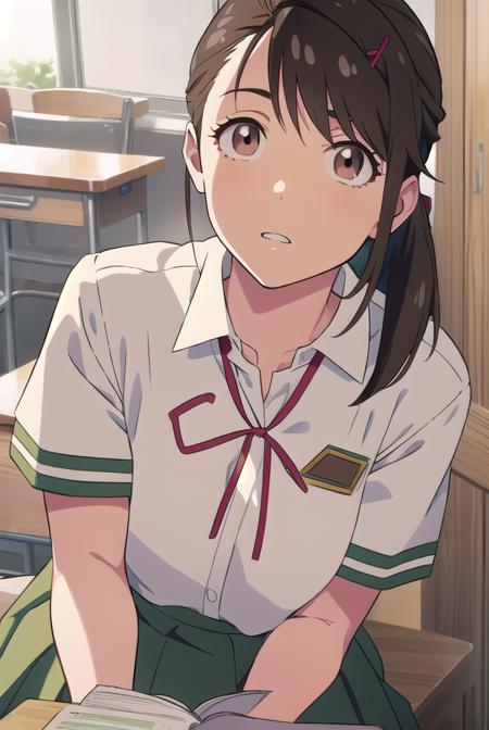 suzumeiwato, <lyco:suzumeiwato-lyco-nochekaiser:1>,
suzume iwato, black hair, (brown eyes:1.5), ponytail, hairclip, hair clip, hair pin,
BREAK skirt, shirt, ribbon, brown eyes, school uniform, white shirt, short sleeves, pleated skirt, collared shirt, red ribbon, neck ribbon, green skirt,,
BREAK looking at viewer,
BREAK indoors, classroom,
BREAK <lyco:GoodHands-beta2:1>, (masterpiece:1.2), best quality, high resolution, unity 8k wallpaper, (illustration:0.8), (beautiful detailed eyes:1.6), extremely detailed face, perfect lighting, extremely detailed CG, (perfect hands, perfect anatomy),