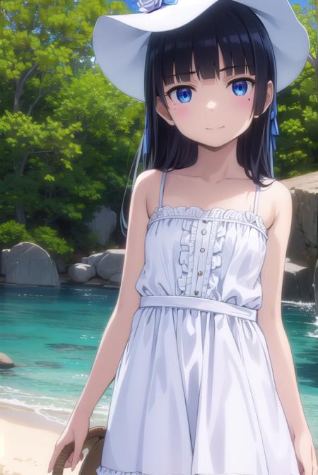 rurigokou, <lora:ruri gokou s2-lora-nochekaiser:1>,
ruri gokou, long hair, black hair, dress, pantyhose, mole, mole under eye, hime cut, smile,
BREAK blue eyes, hat, dress, white dress, sun hat, sundress,
BREAK outdoors, beach,
BREAK looking at viewer, (cowboy shot:1.5),
BREAK <lyco:GoodHands-beta2:1>, (masterpiece:1.2), best quality, high resolution, unity 8k wallpaper, (illustration:0.8), (beautiful detailed eyes:1.6), extremely detailed face, perfect lighting, extremely detailed CG, (perfect hands, perfect anatomy),