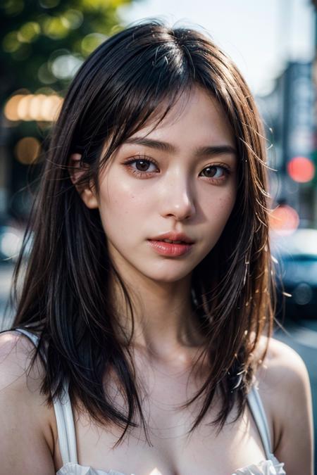 (masterpiece, best quality, hires, high resolution:1.2), (extremely detailed, intricate details, highres), (medium close-up:1.2) portrait on a (Tokyo street sunny background:1.2), (medium shot:1.2), (face focus:1.1), (soft focus:1.2), low lighting, (out of focus:1.2), bokeh, f1.4, 40mm, photorealistic, raw, 8k, ((textured skin:1.1, skin pores:0.3, realistic skin:1.1)), intricate details, 1girl,  (ultra sharp image), black hair, perma straight hair style, very beautiful girl,   <lora:add_detail:1.2>,   <lora:InstantPhotoX3:0.3>