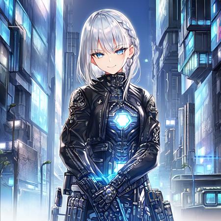 garden, smirking,  determined, intricate details, cowboy shot, black biker jacket, cyberpunk, looking at viewer, ((beautiful detailed silver hair)), short hair, beautiful detailed silver eyes, formal, eye focus, blue and white uniform, slender, (small breasts), in orbit, science fiction, futuristic, monitor, braid, office space