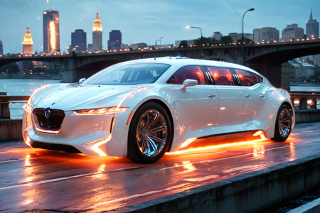 bioluminescent, a futuristic limousine with elongated body, luxury finish, solo, aerodynamic spoiler, sleek design, futuristic racetrack, glowing barriers, floating platforms, detailed background, speeding across a bridge, lights trailing, city below, environment focus, wide shot, a futuristic scanner, emitting light, on the car, best quality, rich colors, photorealistic style, high detail, high-definition, hyper-realistic, extremely high-resolution details, fine texture, incredibly lifelike, realistic, not fantasy, not anime, not drawing, highres, 4K resolution, source photo, realistic photo, masterpiece, best quality, amazing quality, very aesthetic, ultra-detailed, detailed surfaces, natural metallic tones, soft lighting, glossy white, polished finish, dim light, dynamic angle, wide shot, <lora:Mystic_Lumina_r1-000007:0.9>