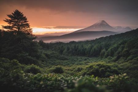 raw photo, a sunset landscape, Valdivian temperate forests, Chilean forest,  cozy, photorealistic, high detailed texture, 8k uhd, dslr, soft lighting, high quality, film grain, Fujifilm XT3, Sony A7 IV, highly detailed photography, (muted colors, cinematic, dim colors, soothing tones:1.2), vibrant, insanely detailed, hyperdetailed, (dark shot:1.2), (vsco:0.3), (intricate details:0.9), (hdr, hyperdetailed:1.2) (highest coherency: 1.39) (highest quality: 1.39) (rule of Thirds) (award winning) (breathtaking) (masterclass) (vibrant color: 0.79) (raining)