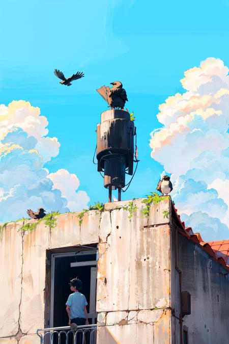 1boy, sky, bird, blue sky, male focus, outdoors, white shirt, shirt, black hair, cloud, solo, pants, rooftop, standing, black pants, day, wide shot, short sleeves, from behind, short hair, building, crow, animal, shadow<lora:airconditioner:1>