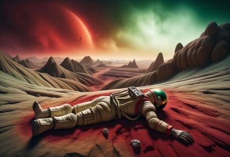 DonMN1gh7XL, landscape, alien planet, inhospitable, beige yellow rocky terrain, red-green sky, dust clouds. Mummified human body in tattered ultra-tech spacesuit lying in the center of the image, realistic, hyper-detailed, vivid colors, sensation of movement