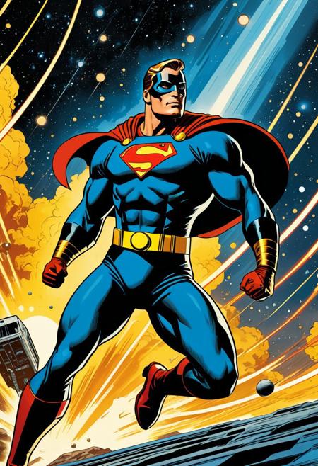 A heroic figure in a classic superhero pose, outlined in thick black strokes, with Ben-Day dots filling the shadows, cinematic science fiction realism, golden age comic book aesthetic, heroic pulp adventure, bold linework, dramatic lighting, futuristic environments, vintage superhero style, interstellar storytelling, realistic figure rendering with comic stylization, primary color palettes, retro sci-fi technology, stylized heroism, action-driven composition, galactic world-building, mythic space operas, classic comic panel energy with detailed painterly realism