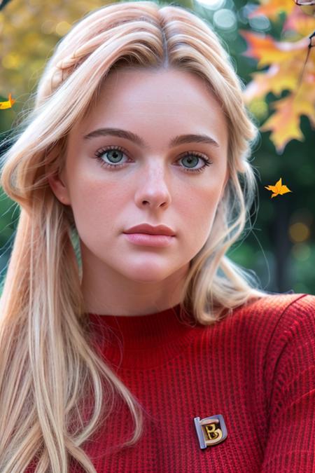 a naturally beautiful adult blonde woman, in a park, red knitted sweater, autumn day, upper body, close up, 8k, raw, uhd, fujifilm x-t3, highly detailed face, candid, amateur, stunning eyes, <lora:erikaEleniak:1>, [smiling]