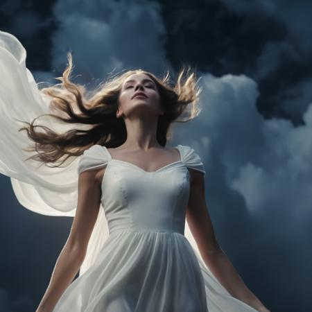 cinematic film still of  <lora:spartan style v2:1>
oracle woman in white dress hovering in air at night in cloudy sky with flying hair, shallow depth of field, vignette, highly detailed, high budget, bokeh, cinemascope, moody, epic, gorgeous, film grain, grainy