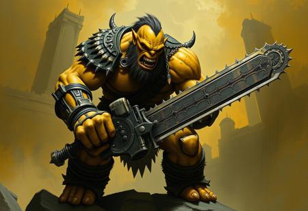 Create a digital painting of a Chronomaly City Babylon-themed orc, inspired by the style of Caravaggio, Alphonse Mucha, and artgerm. The image should feature a goliath orc posing scarily with a chainsaw sword, in a yellow and olive color scheme, with heavy shading and detailed body kit-bash. The output should be a high-quality, 4k UHD image, generated using Blender, Photoshop, and Octane Render.
