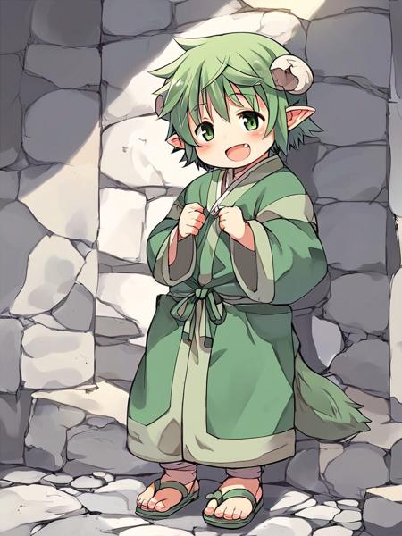 Resi, tail, green hair, green eyes, male focus, pointy ears, short hair, horns, broken corner, animal ears, otoko no ko, 