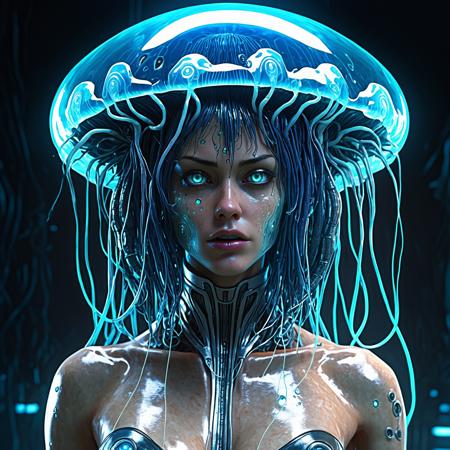(biopunk sexy woman turning into jellyfish :1.3) with cybernetic features, cinematic, cyberpunk elements, amazing detailed, grim sci-fi, slime biomorph, organic and mechanical, natural light, beautiful, glowing iridescent eyes, dark futuristic