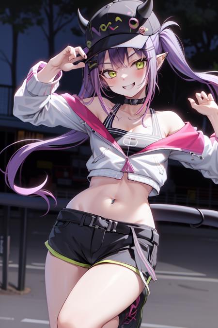 1girl, solo, tokoyami towa , green eyes, multicolored hair, black shorts, purple hair, pink hair, ear piercing, twintails, tail, demon tail, piercing, black shirt, halterneck, (white jacket, cropped jacket:1.25), bare shoulders, black headwear, midriff, choker, shorts, short shorts, cleavage, stomach, fake horns, horn headwear, baseball cap, cowboy shot, outdoors, dynamic pose, pointy ears, smile, blush,  streaked hair, bibi (tokoyami towa), uneven legwear, <lora:Hololive_tokoyami_towa_V1.0:0.7>