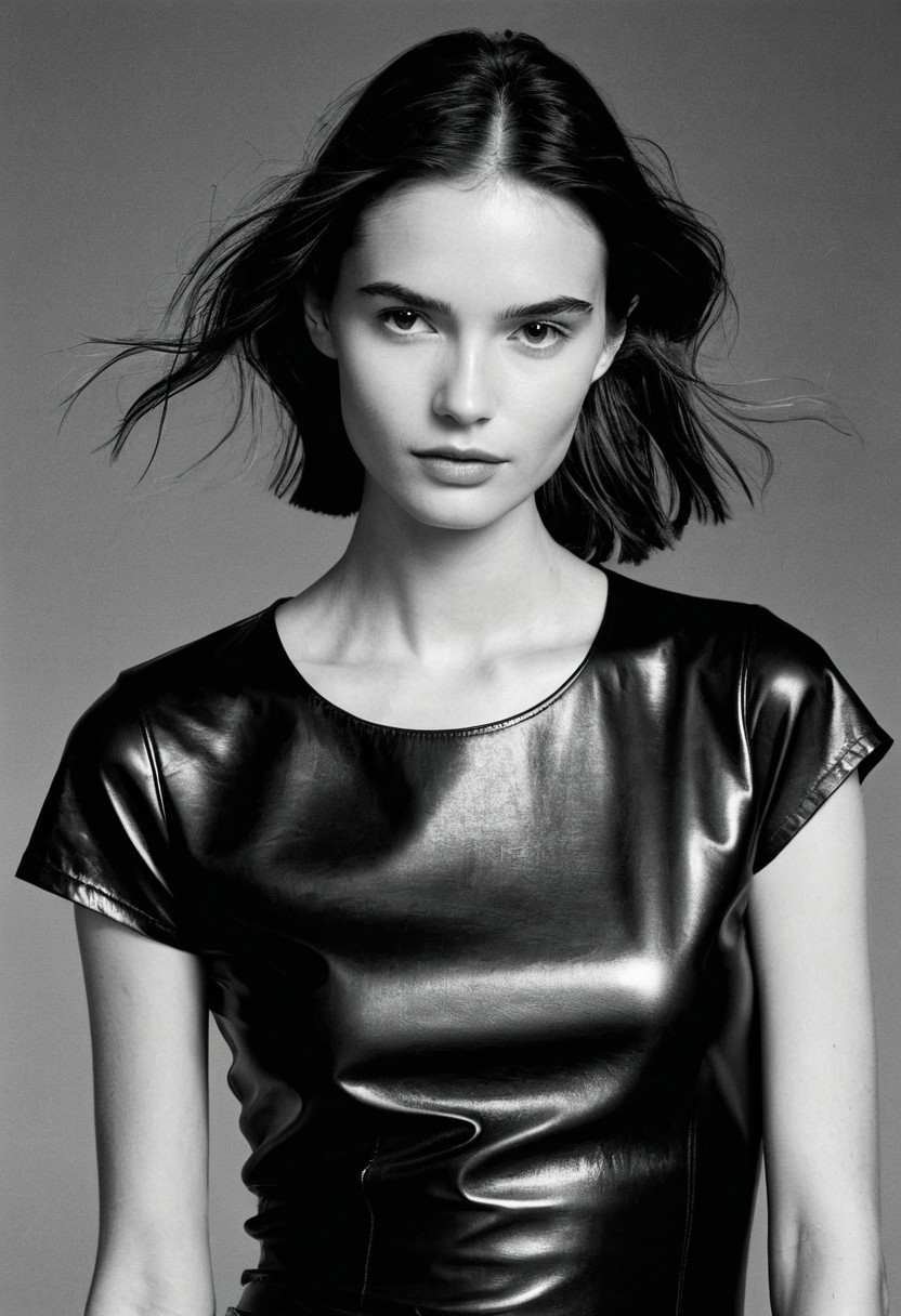 KB_Kentmere400, Amazing professional B&W 35mm photo, analog film photo, <lora:flat_chested_v_4_1821-4:1> , riveroaksarts-bw-ambient. Elle Magazine photoshoot. A photorealistic image of a model wearing a sleek, fitted stiff black leather top with capped short sleeves. The leather looks wet, shiny and glaze. The model has a minimalistic and intense expression, with her hair neatly styled in a middle part. The background is a plain, softly lit studio setting, emphasizing the texture and shine of the leather as well as the natural skin texture of the model. The lighting is softened further, creating a dreamy and diffused effect, while the film grain is strongly enhanced to replicate the look and feel of a real 35mm photograph. The composition highlights elegance and authenticity with a cinematic and nostalgic quality.