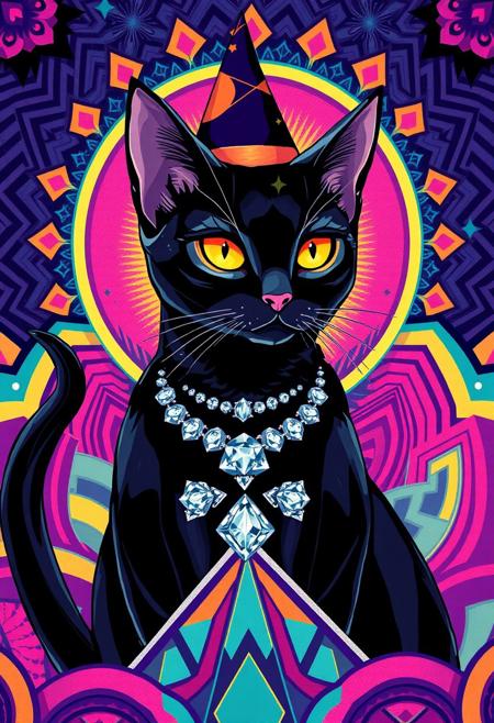 A hyper-stylized anime witch cat, blending the opulent, geometric patterns of Art Deco with the bold, vibrant colors of Pop art. The cat, a sleek, black feline with a sparkly, crystal-encrusted collar, is surrounded by a halo of bright, poppy colors and ornate, Art Deco patterns. The cat's eyes glow with a bright, shining light, adding a touch of magical, supernatural energy to the image. The background is a swirling, geometric landscape of chevrons, zigzags, and other Art Deco motifs, all rendered in bold, poppy colors. The cat's fur is depicted in a stylized, geometric pattern, with each strand rendered as a bold, Art Deco-inspired shape. The overall effect is one of vibrant, eye-popping energy, as if the viewer is gazing into a kaleidoscope of colors and patterns. highest-Quality, intricate details, visually stunning, Masterpiece