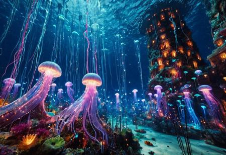 masterpiece, best quality, ultra-detailed, vivid lighting, wide-angle underwater shot. A vast, dreamlike marine world glowing with vibrant, bioluminescent light. The ocean floor is teeming with life — coral towers and waving sea anemones in radiant purples, pinks, blues, and greens, each pulsing softly like underwater lanterns. Enormous jellyfish drift slowly through the water, their translucent bodies trailing long luminous tendrils. Schools of small fish swim in coordinated patterns, their scales reflecting the colored light like polished glass. Gigantic deep-sea creatures hover silently in the distance, casting shimmering shadows over the reef. The bioluminescent sources — fish, flora, and mysterious deep-sea entities — are the only illumination, painting the scene with brilliant, surreal hues. The water is crystal clear, filled with glowing particles in constant motion, giving the impression of drifting stardust. Mood: awe-inspiring, enchanted, full of movement and life.