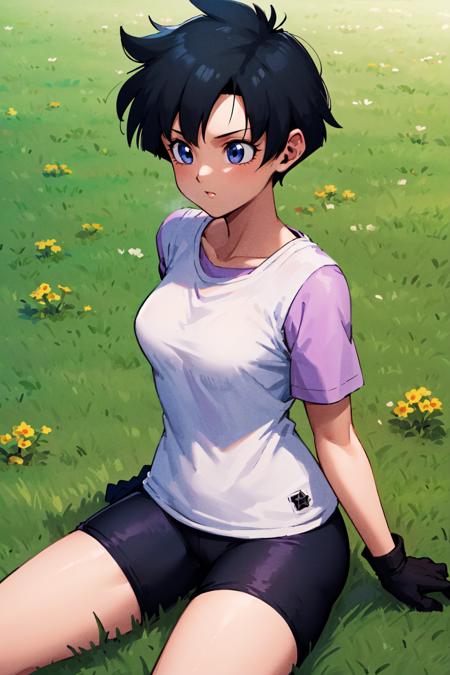 masterpiece, best quality, highres, (videl1:1.1), solo, blue eyes, black hair, short hair, black gloves, bike_shorts, bangs, purple shirt, white shirt, purple short sleeves, medium breasts, <lora:videl_v10:0.7>, cowboy shot, sitting, grass,