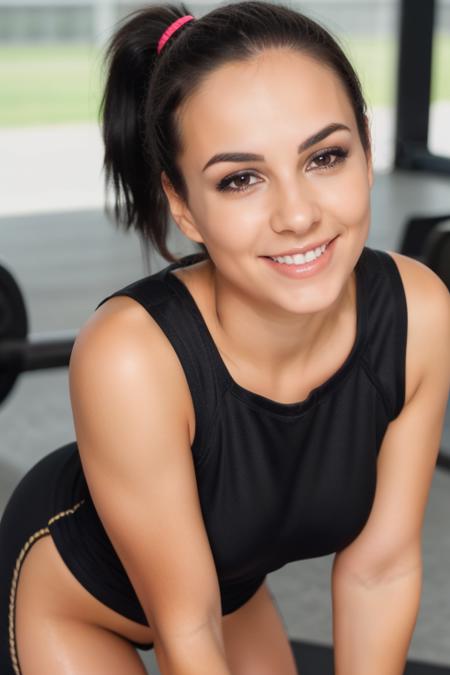 Beautiful woman with, black ponytail, brown eyes, wearing  training pants, sports top, wet skin, sweat, in a gym,teasing, posing, cute ass  sexy, sexy face , perfect face, perfect bodyultra-detailed face, ultra-detailed eyes, looking at viewver , <lora:crazym:0.6>, smiling, teeth, looking at viewver