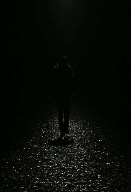 Walking alone in the dark night looking for the meaning of life, extremely detailed, paranoid, mood, darkness personified