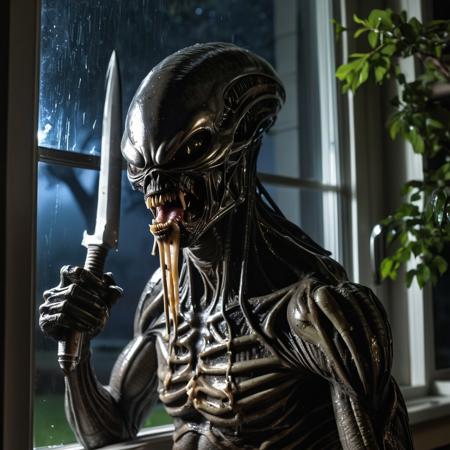 An alien predator with shiny metal skin holding a large jagged blade growling at the camera saliva dripping from face,  A view outside a kitchen window looking out into a dark nighttime backyard. An alien is peering out from behind a tree at the viewer.
