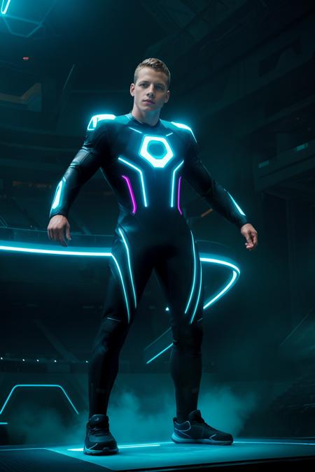 futuristic, neon lighting, (arena stadium in the Tron video game), ZacDeHaan, wearing a Tron bodysuit, (dynamic pose), masterpiece, ((full body portrait)), photorealistic, wide angle <lora:ZacDeHaan:0.8>