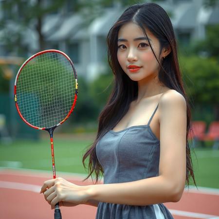 beautiful young woman, Standing pose, playground , badminton player dress, badminton racket, smooth skin, natural makeup, long dark hair, intimate eye contact, blush, soft body curve, realistic style, 4k