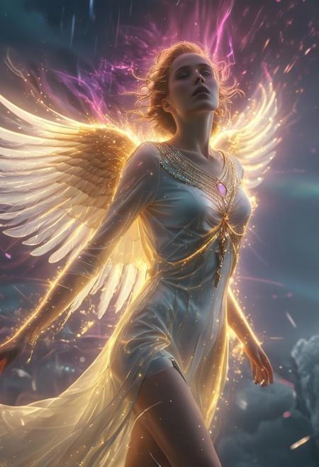 neonpunk style, (auralora:1.2), dark fantasy aesthetics, movie poster, centered composition, close-up photography by Henri Cartier Bresson. portrait, shining ( 1920s art deco theme:1.1), divine angel of the skies,  flying, birds, rainbow,  clouds in background, majestic divine atmosphere, bright light, holy aura, bloom, halo above head, divine light, white clothes, golden embroidery,filigree,  dynamic pose, . (Detailed face, detailed skin, skin texture, skin pores, (freckles:0.9)). (ethereal wisps and Sparks of ice shards, dust particles, particle system:1.4). Gritty, raw, emotional, liminal fog, shimmering light. A mesmerizing blend of light and shadows. <lora:Aurastronger_SDXL:1>, cyberpunk, vaporwave, neon, vibes, vibrant, stunningly beautiful, crisp, detailed, sleek, ultramodern, magenta highlights, dark purple shadows, high contrast, cinematic, ultra detailed, intricate, professional