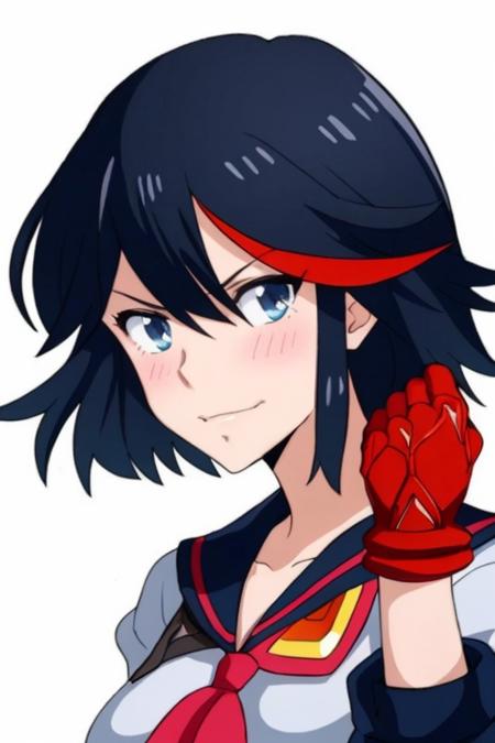 Ryuko Matoi, Ryuko, type of haircut square, 1 red curl, black hair, blue eyes, big eyes, big eyelashes, school clothes, combat clothes, dark clothing colors, red stripes, shoulder pads on armor, left shoulder pad with an eye, skirt, light skin, red gloves, suspenders, red samurai sword, thin body, beautiful girl, beautiful face, medium breast size, excellent quality, worst quality, beautiful smile, <lora:ryuko:0.6>